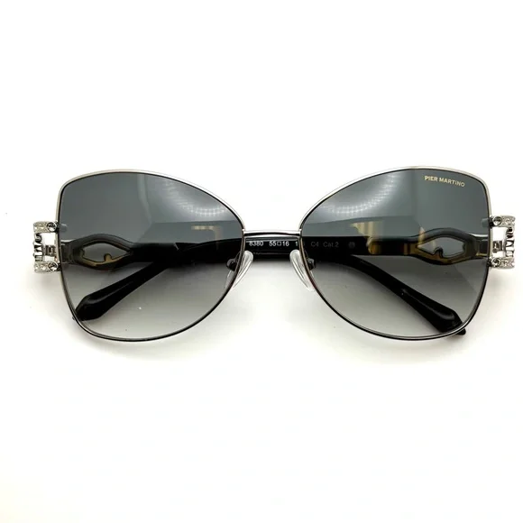 Pier Martino Silver Metal Butterfly Sunglasses Black temples/inset crystals